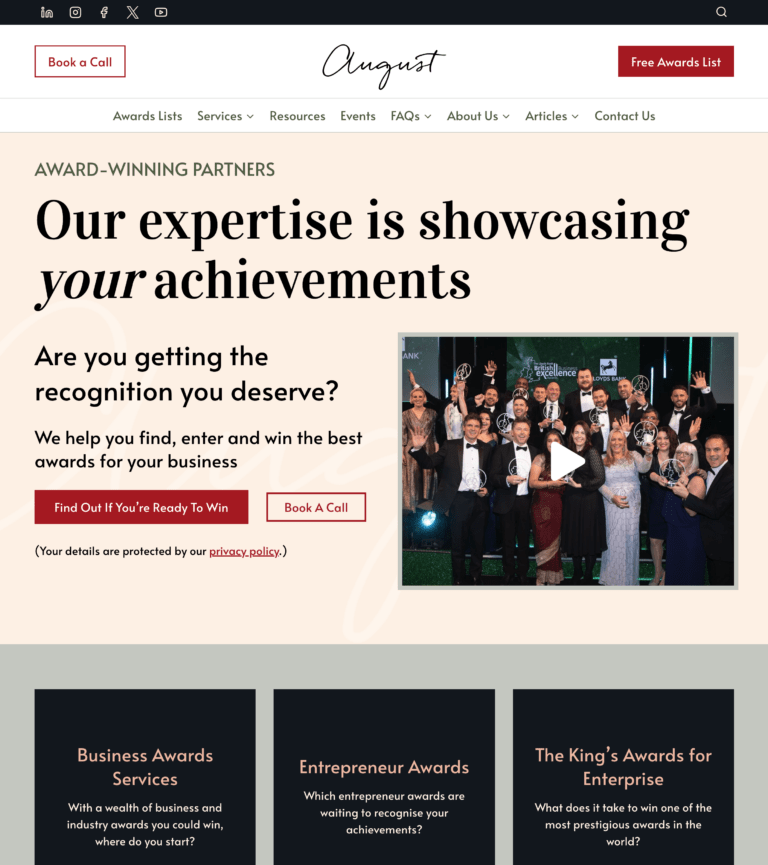 August Awards Home Page Screenshot - Created by Evergreen.je Marketing Agency Services Jersey Business Development-SEO Lead Generation Sales-Funnels AI Automation