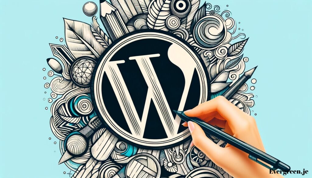 Illustrate a hand-drawn style image of the WordPress logo for a WordPress Hello World! blog post 16-9 ratio