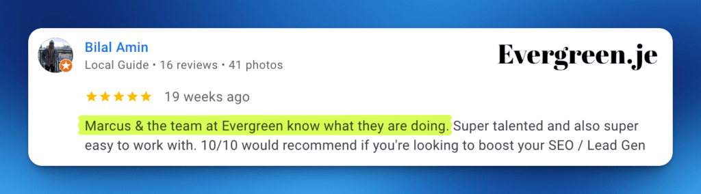 Google Business Profile Client Reviews and Testimonials Screenshots for Evergreen.je 01